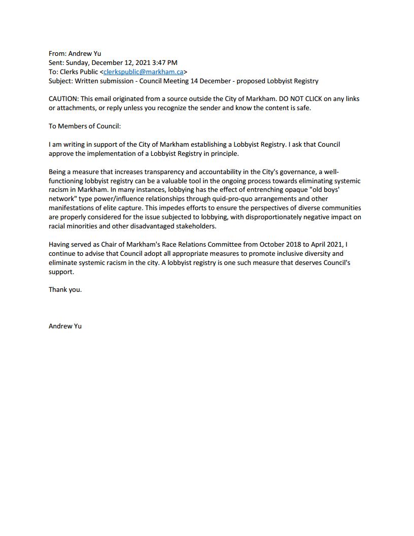 Andrew Yu 211214 Markham Council submission - Lobbyist Registry